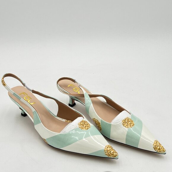 FSJ Mint Green Striped Kitten Heel Slingback Sandal Pointy Toe Sexy Pumps - Picture 4 of 8